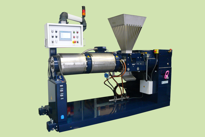 An dark blue extruder with extra large hopper
